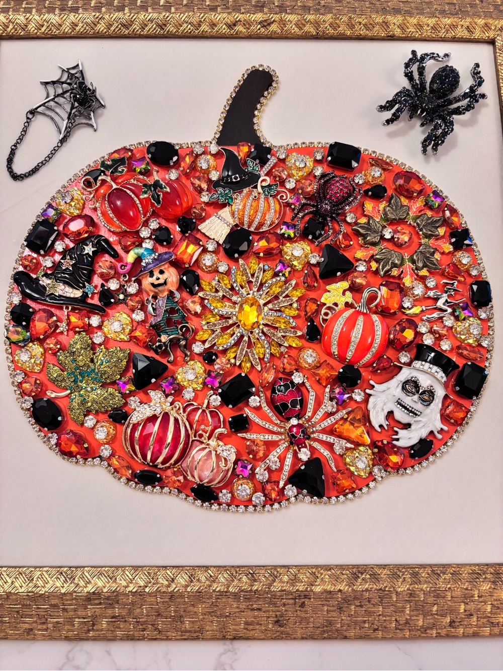 Vintage Jewelry Pumpkin Framed Art 12x12 Halloween Fall Rhinestone Decor